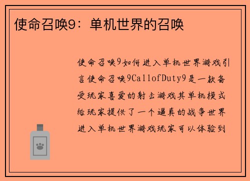 使命召唤9：单机世界的召唤